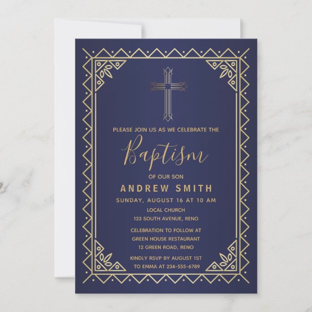 Gold And Navy Vintage Calligraphy Baptism Invitation (Front)