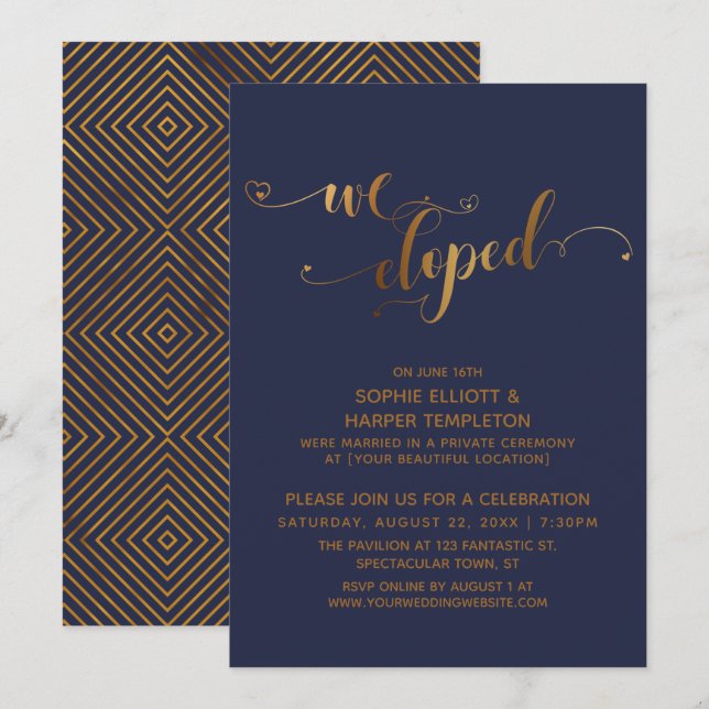 Gold and Navy We Eloped Post-Wedding Celebration Invitation (Front/Back)