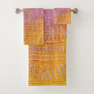 Gold and orange floral oriental material bath towel set