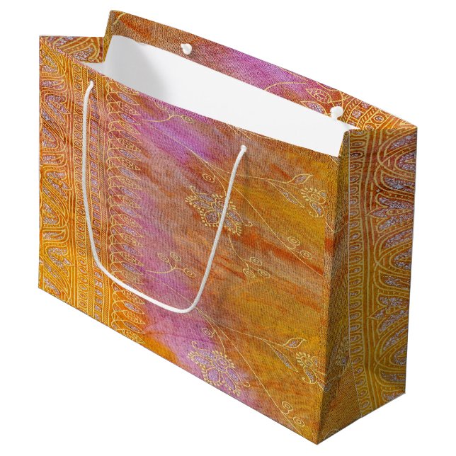 Gold and orange floral oriental material large gift bag (Front Angled)