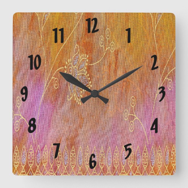 Gold and orange floral oriental material square wall clock (Front)