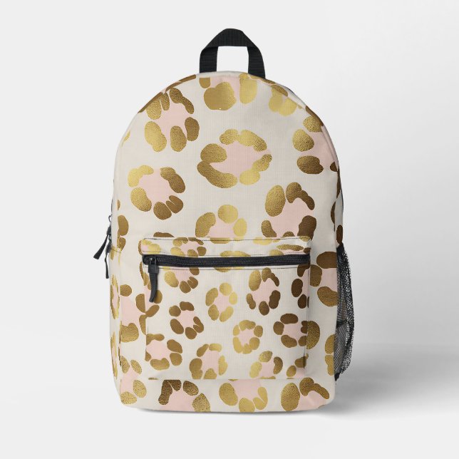 Gold and Pastel Pink Leopard Print Chic Animal Printed Backpack (Front)