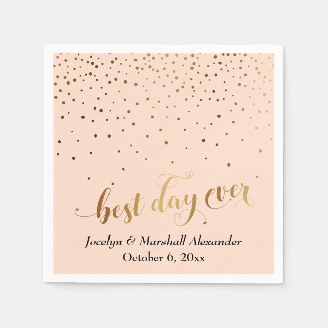 Gold and Peach Best Day Ever Hearts Confetti Napkin (Front)