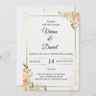 Gold and peach flowers wedding invitation