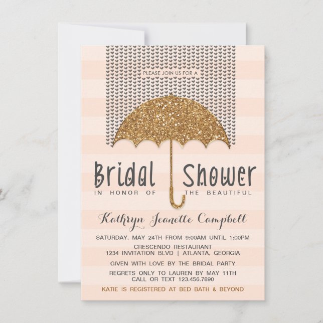 Gold and Peach Umbrella & Hearts Bridal Shower Invitation (Front)