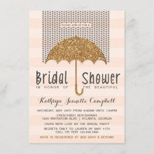 Gold and Peach Umbrella & Hearts Bridal Shower Invitation