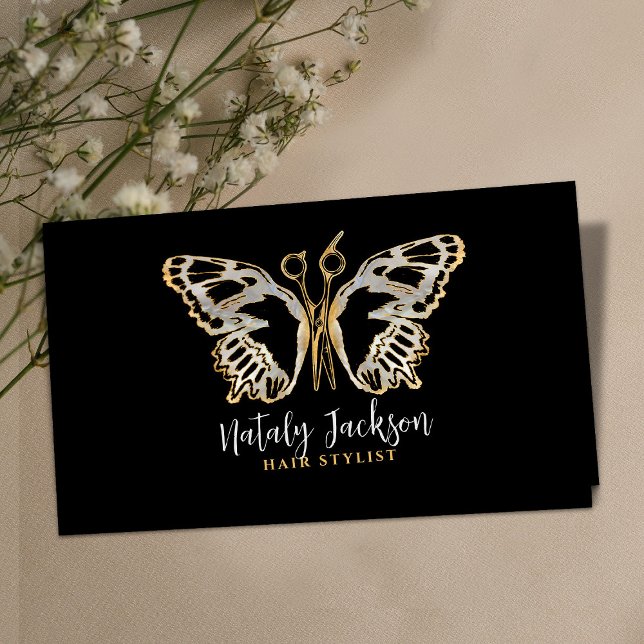 Gold and pearl Scissors and Butterfly Stylish  Business Card (Creator Uploaded)