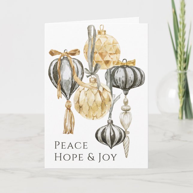 Gold and Pewter Metallic Ornaments Holiday Card (Front)