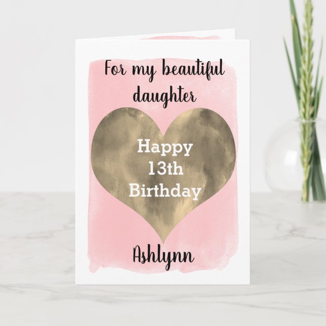 Gold and Pink 13th Birthday Daughter Card (Front)