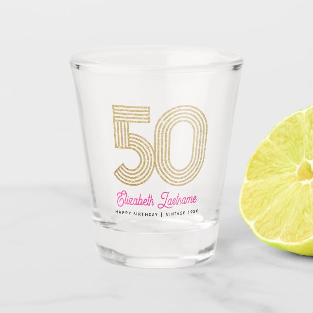 Gold and Pink 50th Birthday Shot Glass (Front)