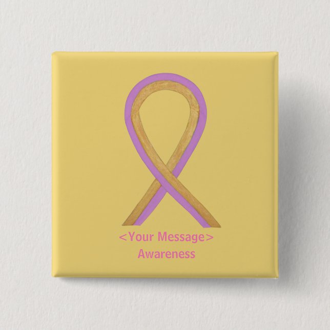Gold and Pink Awareness Ribbon Custom Pin Buttons (Front)