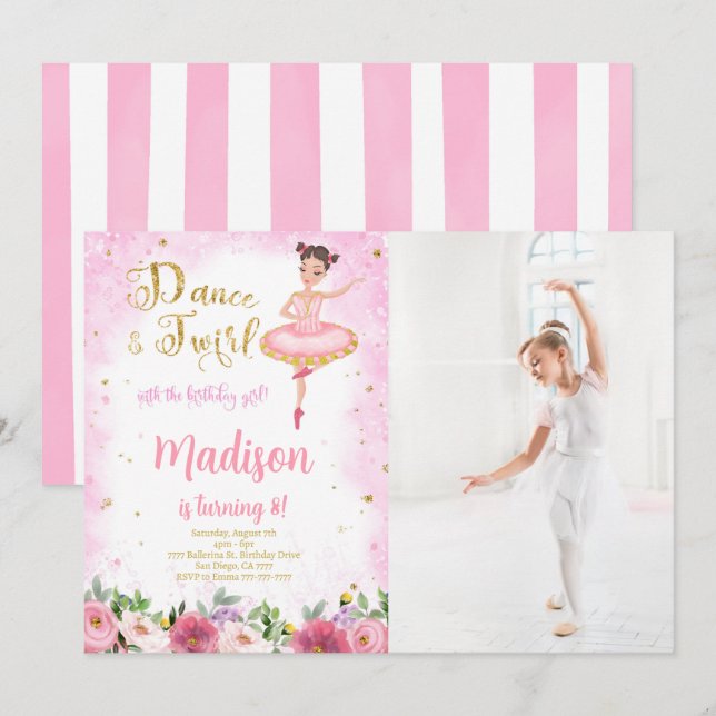 Gold and Pink Ballerina Photo Invitation  (Front/Back)