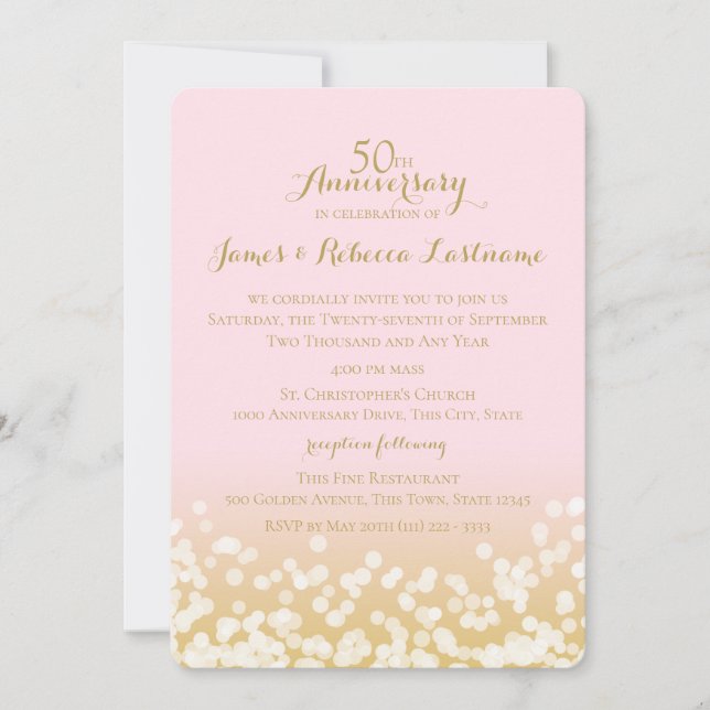 Gold and Pink Bohek 50th Anniversary Invitation (Front)