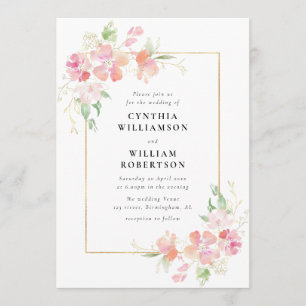 gold and pink botanical flowers wedding invitation