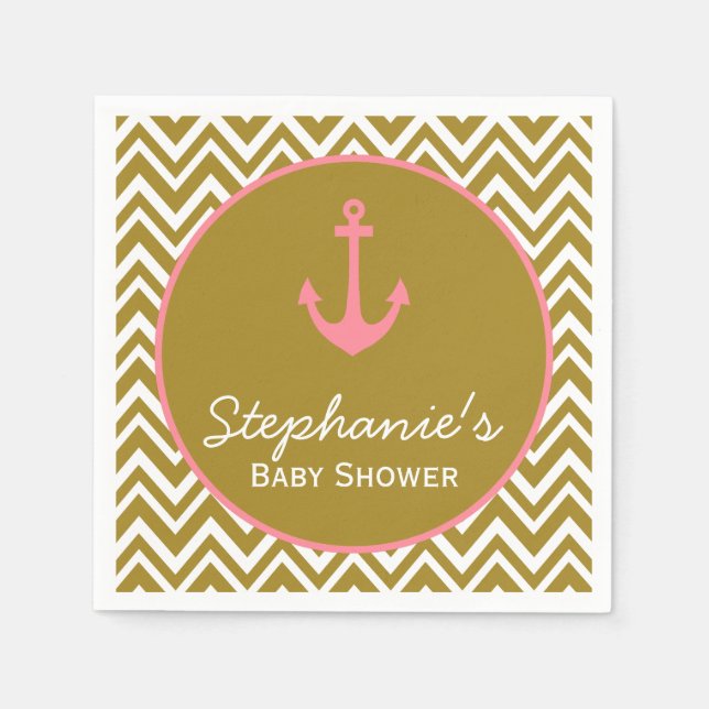 Gold and Pink Chevron Nautical Baby Shower Napkin (Front)