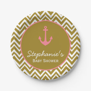 Gold and Pink Chevron Nautical Baby Shower Paper Plate