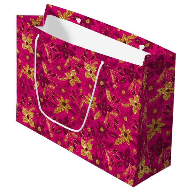 Gold and Pink Christmas Poinsettia Flowers Large Gift Bag (Front Angled)