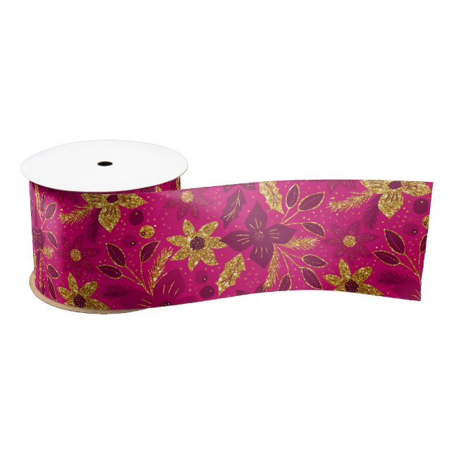 Gold and Pink Christmas Poinsettia Flowers Satin Ribbon (Spool)