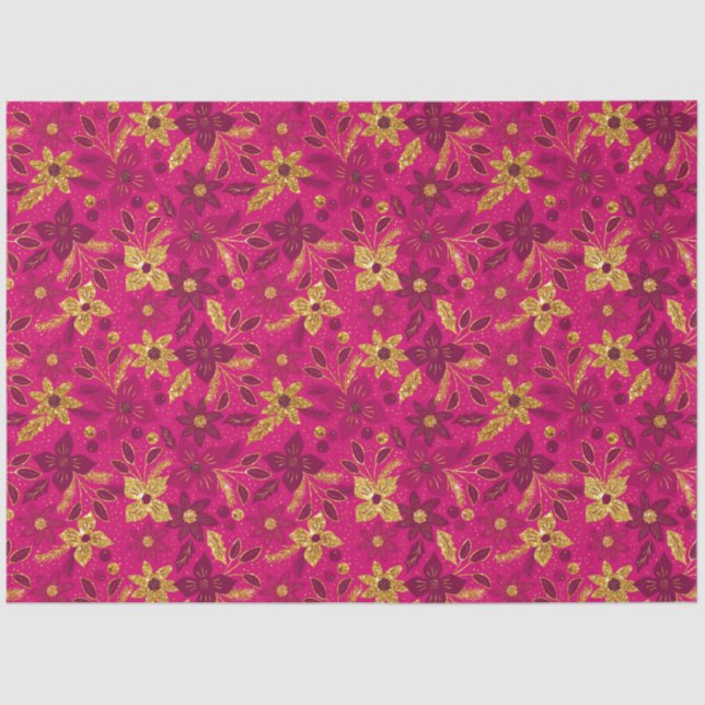 Gold and Pink Christmas Poinsettia Flowers Tissue Paper (Front)