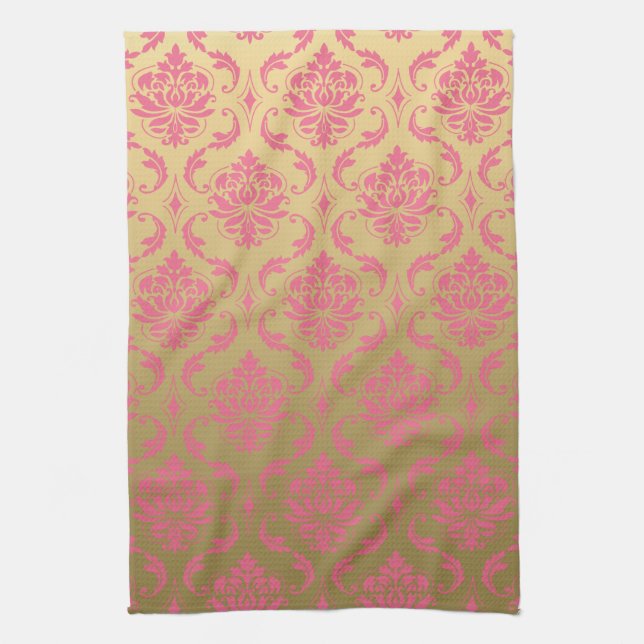 Gold and Pink Classic Damask Tea Towel (Vertical)