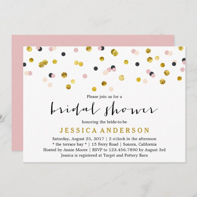 Gold and Pink Confetti Bridal Shower Invitation (Front/Back)