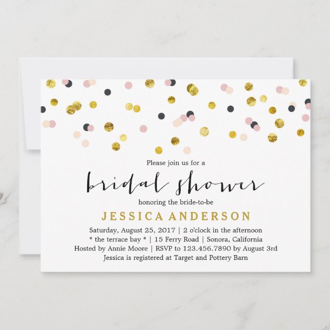 Gold and Pink Confetti Bridal Shower Invitation (Front)