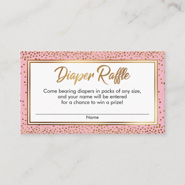 Gold and Pink Confetti Diaper Raffle Ticket Cards (Front)