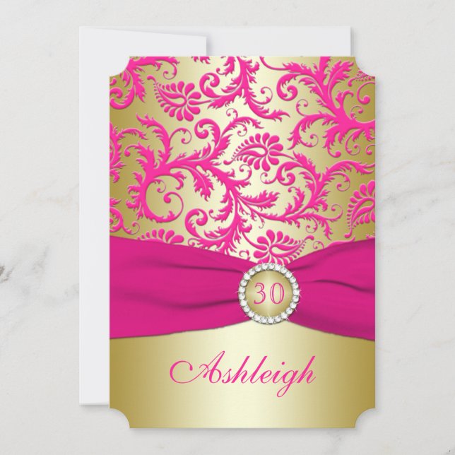Gold and Pink Damask 30th Birthday Invitation (Front)