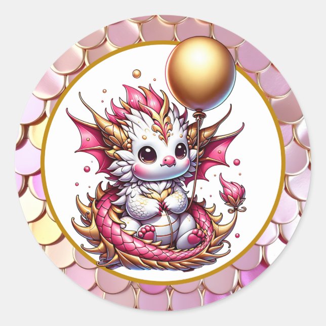 Gold and Pink Dragon Girl's Birthday  Classic Round Sticker (Front)
