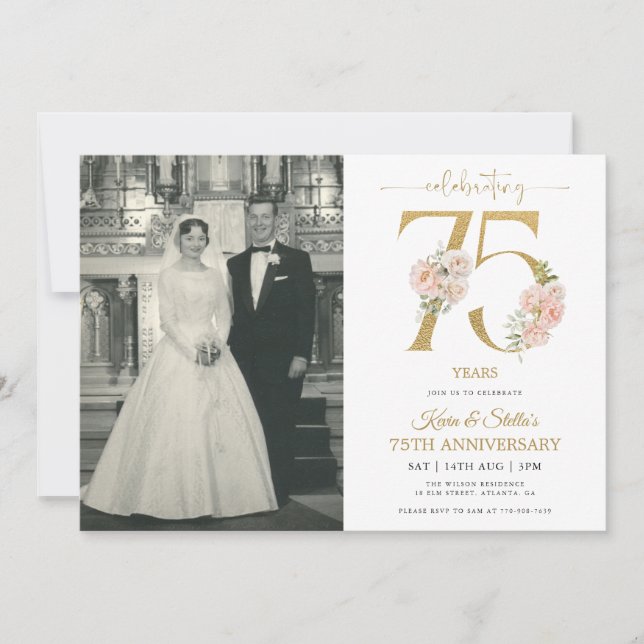 Gold and Pink Floral 75th Anniversary  Invitation (Front)
