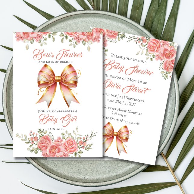 Gold and Pink Floral Bow Baby Shower Invitation (Creator Uploaded)