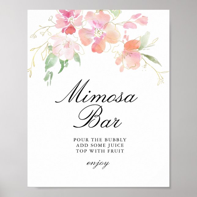 gold and pink floral bridal shower mimosa bar sign (Front)