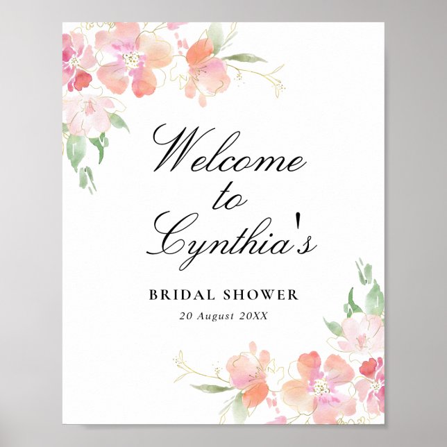 gold and pink floral bridal shower welcome sign (Front)