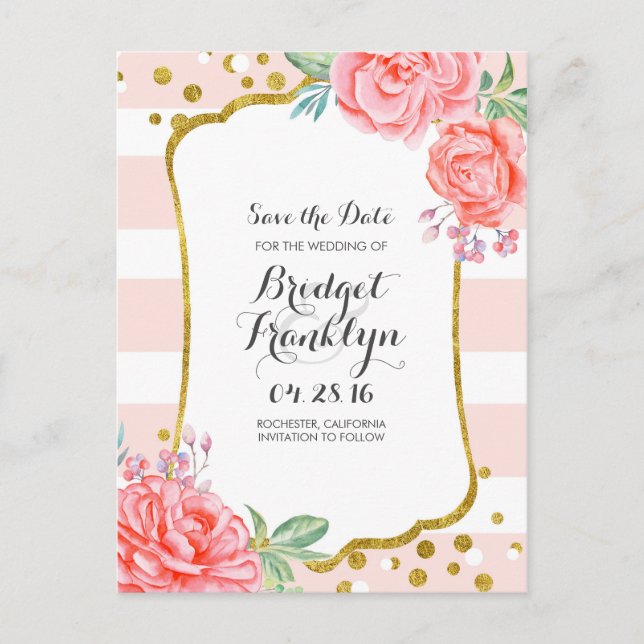 gold and pink floral confetti stripe save the date announcement postcard (Front)