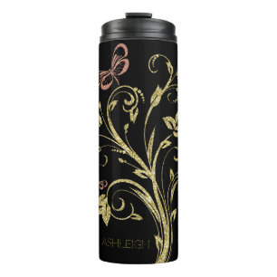 Gold and Pink Glitter Butterfly Personalised Thermal Tumbler