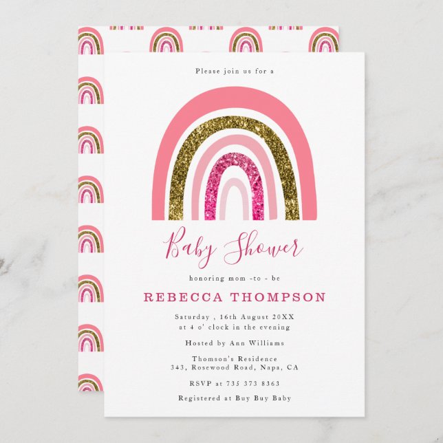 Gold and Pink Glitter Cute Rainbow Baby Shower  Invitation (Front/Back)
