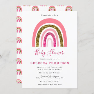 Gold and Pink Glitter Cute Rainbow Baby Shower Invitation