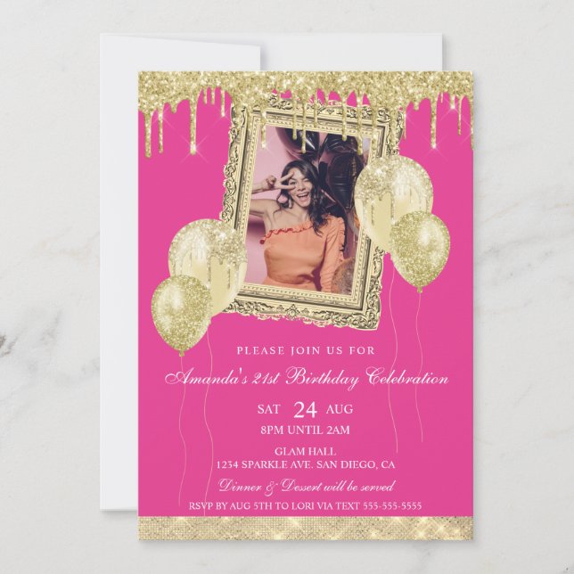 Gold and Pink Glitter Drip Photo Frame Invitation (Front)