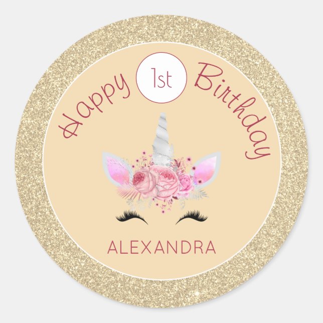Gold and Pink Glitter Unicorn 1st Birthday Classic Round Sticker (Front)