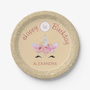 Gold and Pink Glitter Unicorn 1st Birthday Paper Plate