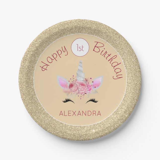 Gold and Pink Glitter Unicorn 1st Birthday Paper Plate (Front)