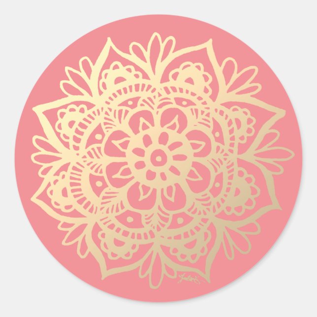 Gold and Pink Mandala Flower Classic Round Sticker (Front)