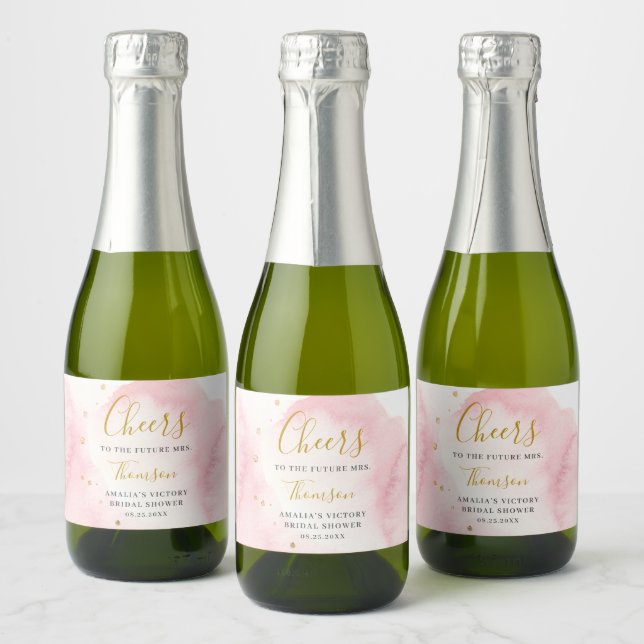 Gold and Pink Mini Bridal Shower Sparkling Wine Label (Bottles)