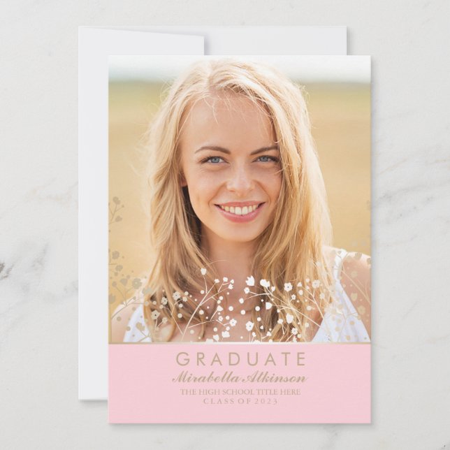 Gold and Pink Photo Graduation Party Announcement (Front)