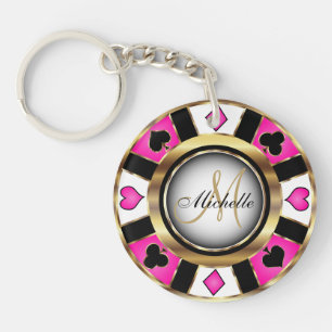 Gold and Pink Poker Chip Design - Monogram Key Ring