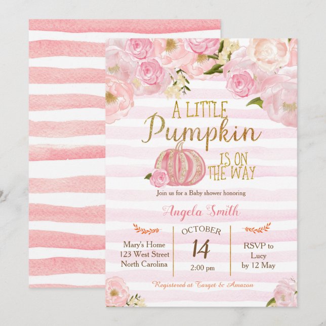 Gold and Pink Pumpkin Baby Shower Invitation (Front/Back)