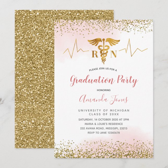 Gold and Pink RN Nurse Graduation Party Invitation (Front/Back)