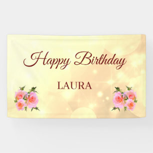 Gold and Pink Roses Personalised Happy Birthday Banner