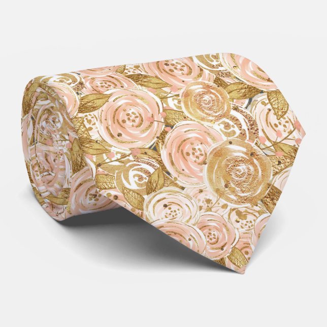 Gold and Pink Roses Wedding Tie (Rolled)