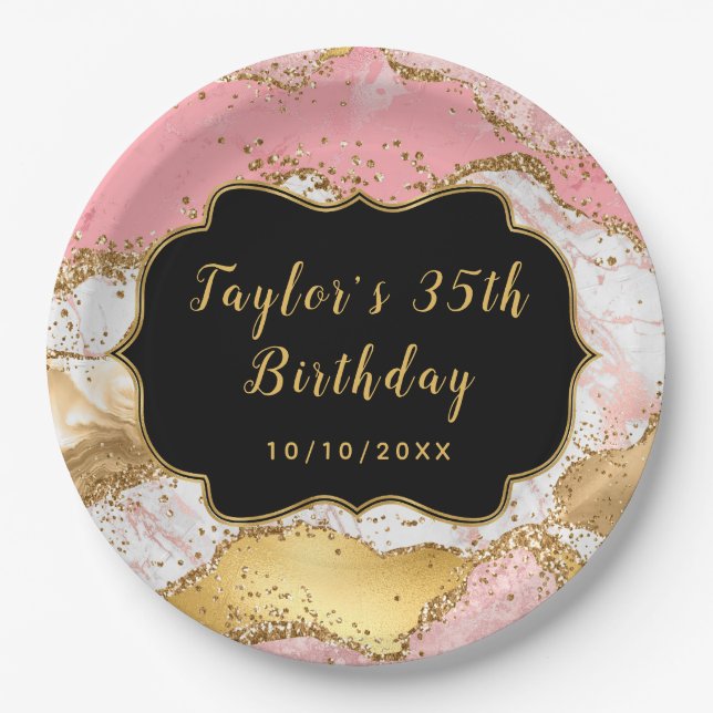 Gold and Pink Sequins Agate Birthday Paper Plate (Front)